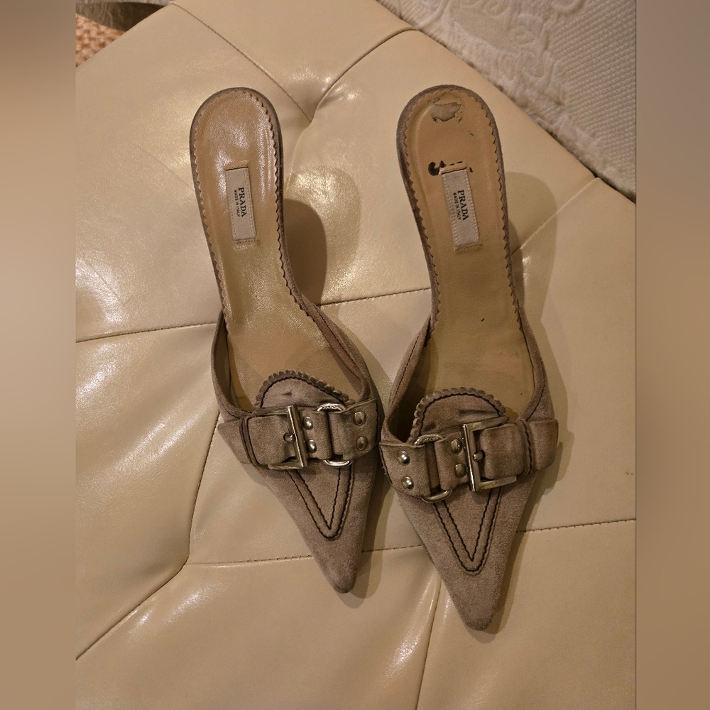 Prada Suede Leather Mules, Kitten Heel, Size 37.5, Beige